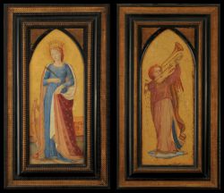 A pair of Gilded Watercolours depicting St Catherine of Alexandria and The Angel Gabriel in the Renaissance manner