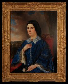 A 19th Century Portrait of a Young Woman in a Blue Dress with Lace collar and cuffs and jewellery of the period